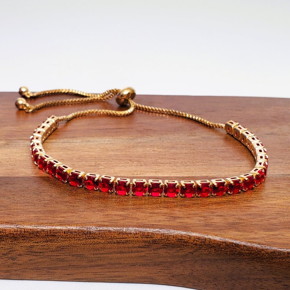 18K Gold Womens Adjustable 2ct Red Ruby Gemstone Tennis Bracelet 18 K Silver NEW